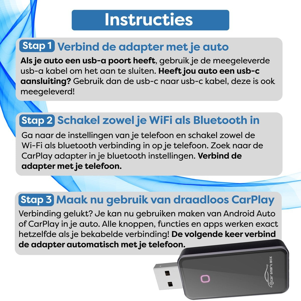 Instructions for connecting a CarPlay adapter. Steps include connecting adapter, enabling WiFi/Bluetooth, and using CarPlay.