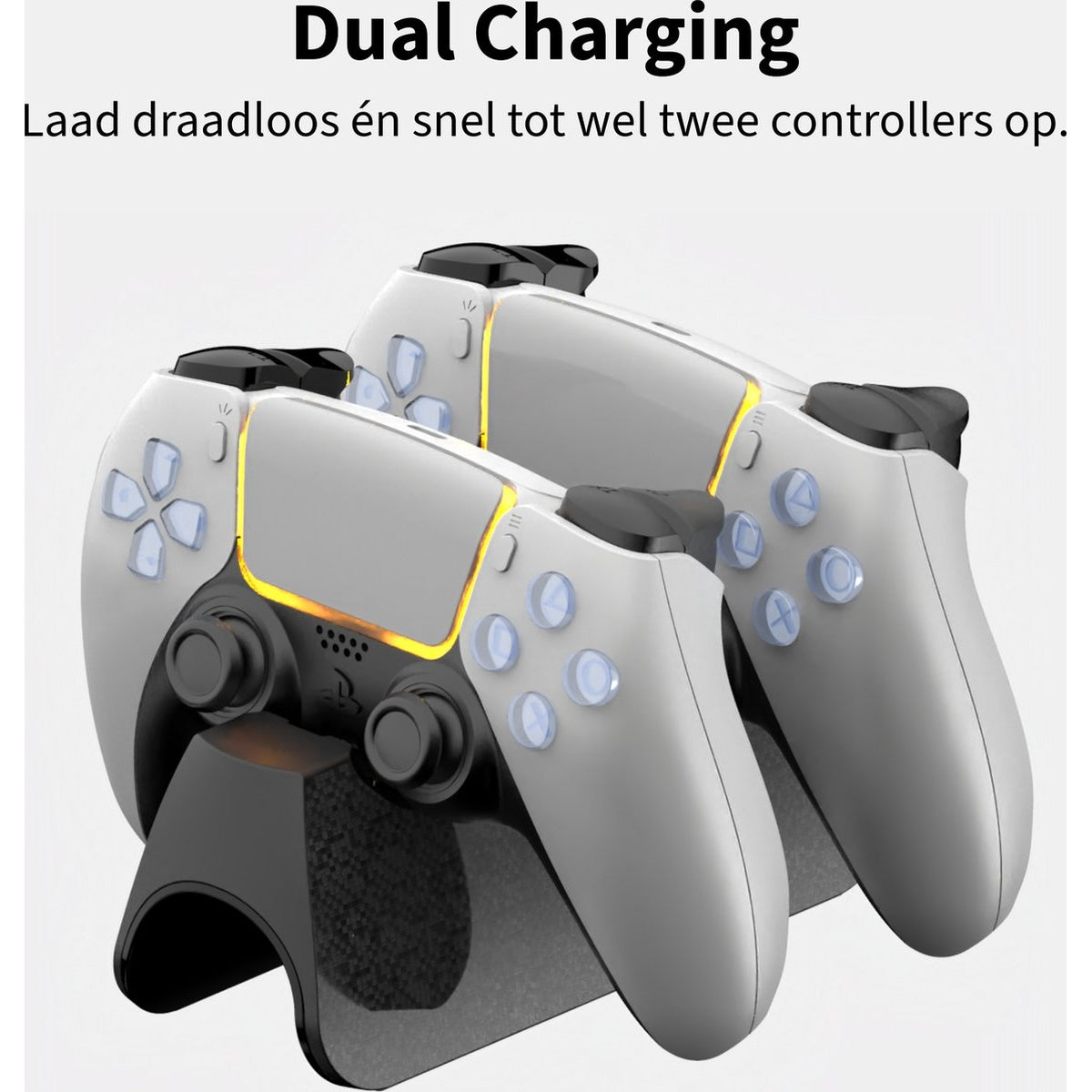 Dual charging station with two white game controllers. The controllers sit on a black charging dock with yellow lights.