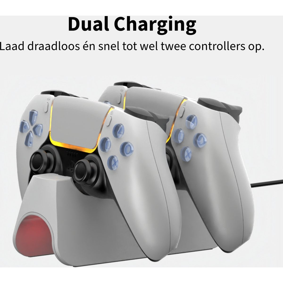 A dual charging station for game controllers. Two white controllers are docked. The station is light gray, with red light at the bottom.