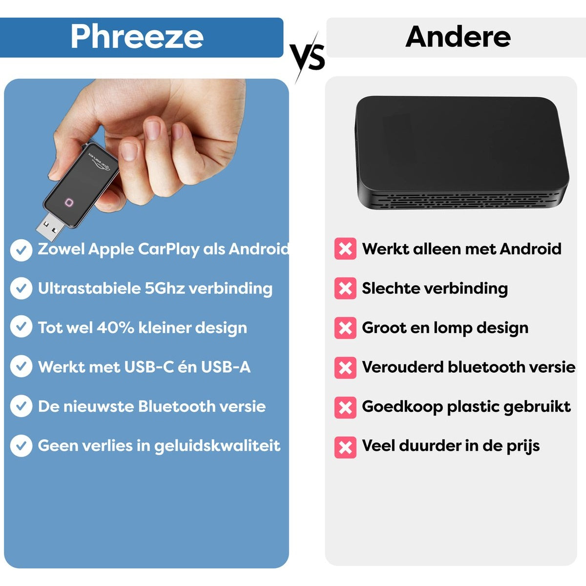 Image compares two devices. One is held by a hand, the other is a black box. Lists advantages and disadvantages of each.