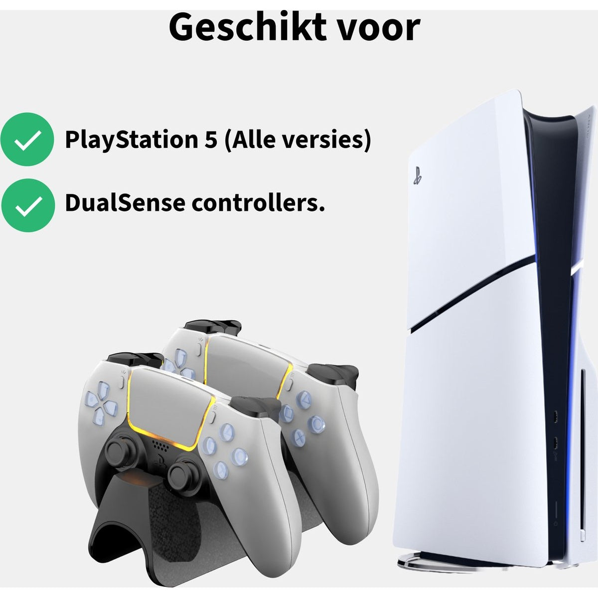 Image shows PlayStation 5 console, DualSense controllers. White PS5, two controllers, and text 'Geschikt voor' with checkmarks.