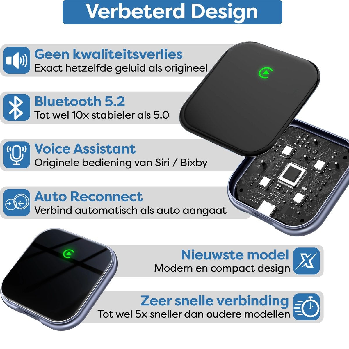 Image shows a black device with a circuit board. Text highlights features like Bluetooth 5.2, voice assistant, and auto reconnect.