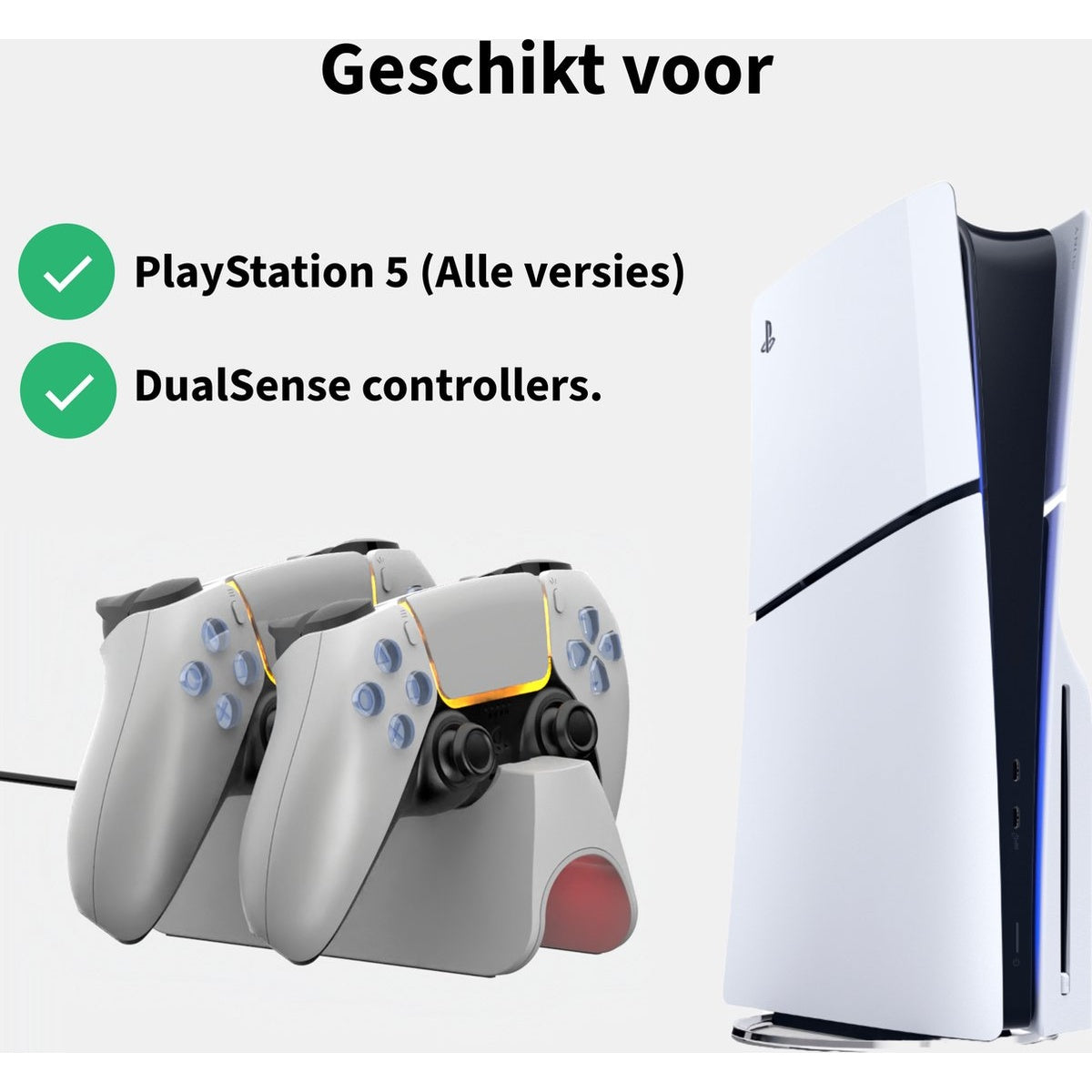 Image shows a PlayStation 5, two controllers on a charger, and text indicating compatibility.