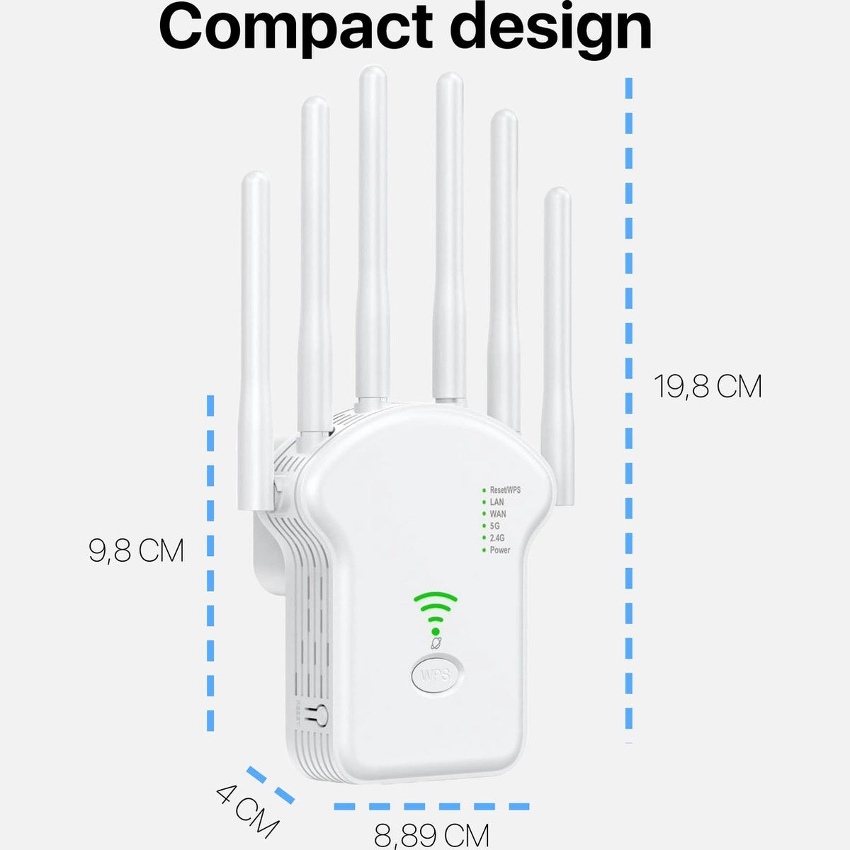 White WiFi extender with antennas. Dimensions are labeled: 9.8cm, 19.8cm, 4cm, and 8.89cm. Text on the device includes WPS, and power indicators.
