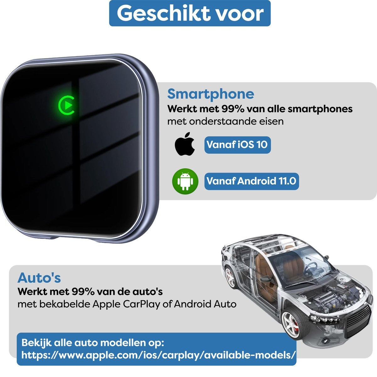 A black device with a green light, compatible with smartphones and cars. Text mentions iOS 10 and Android 11.0 support.