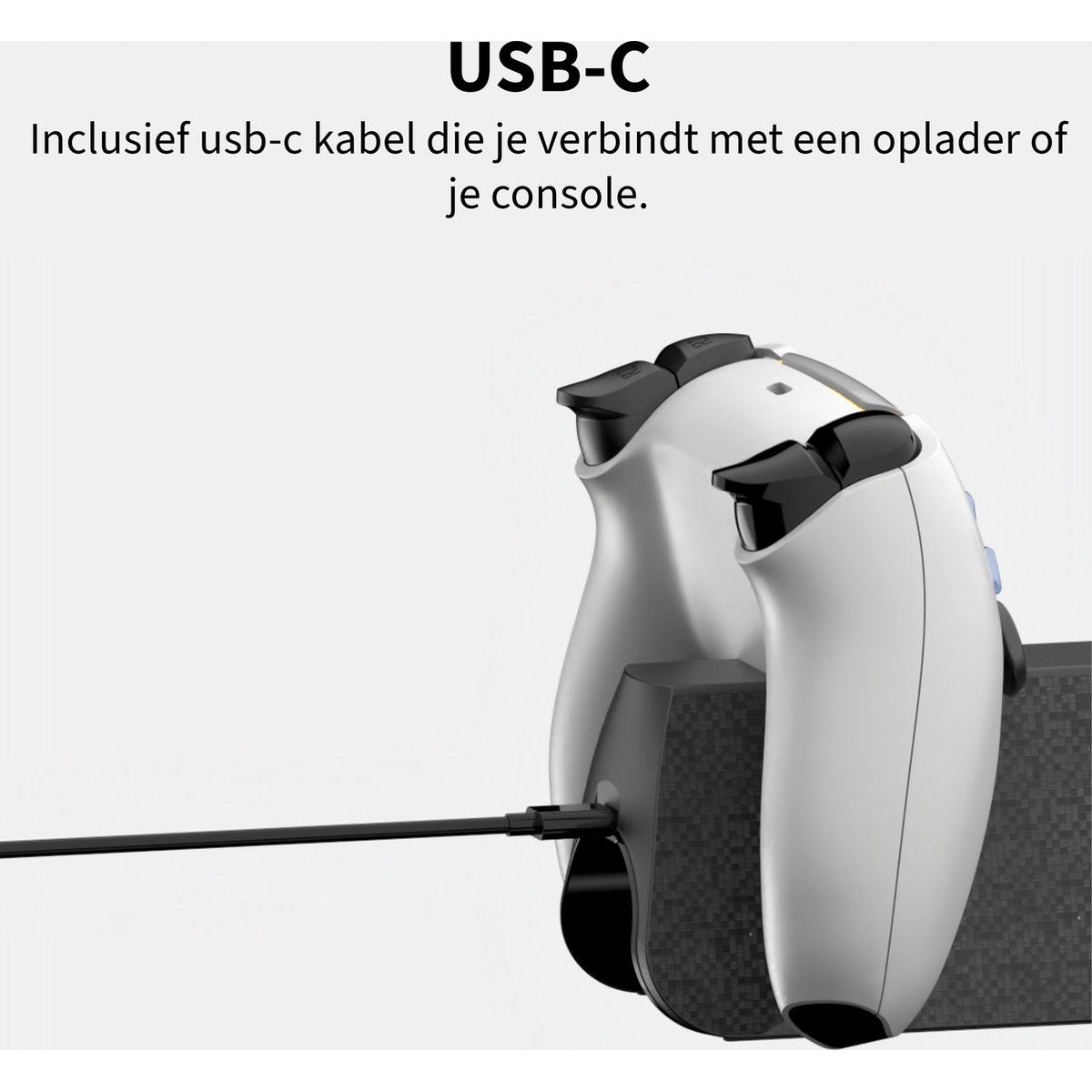 A white game controller with black accents is connected to a black base via a USB-C cable. Text above says USB-C.