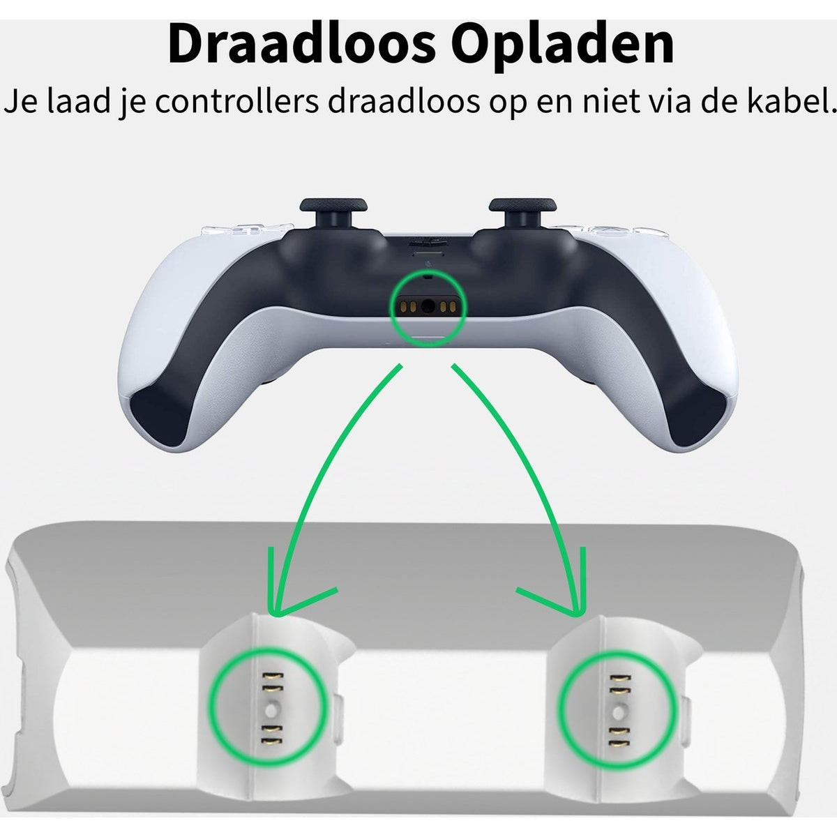 A white game controller is above a white charging dock. Green arrows show the wireless charging. The text says 'Wireless Charging'.
