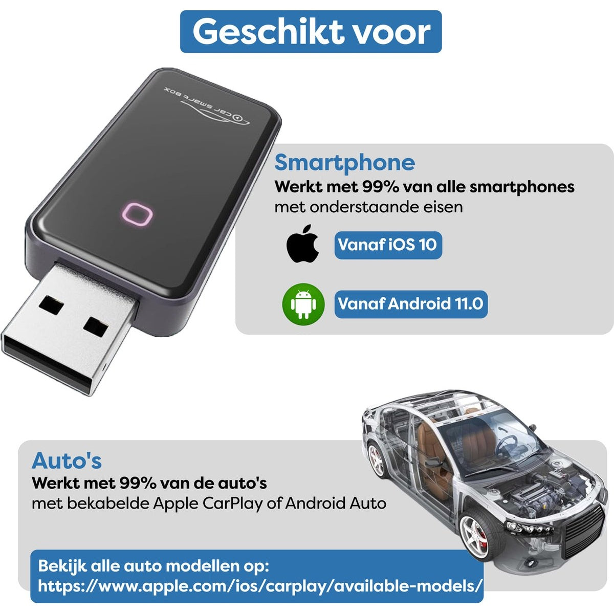 Image showing a black device with a USB connector, a car diagram, and smartphone compatibility details for Apple and Android.
