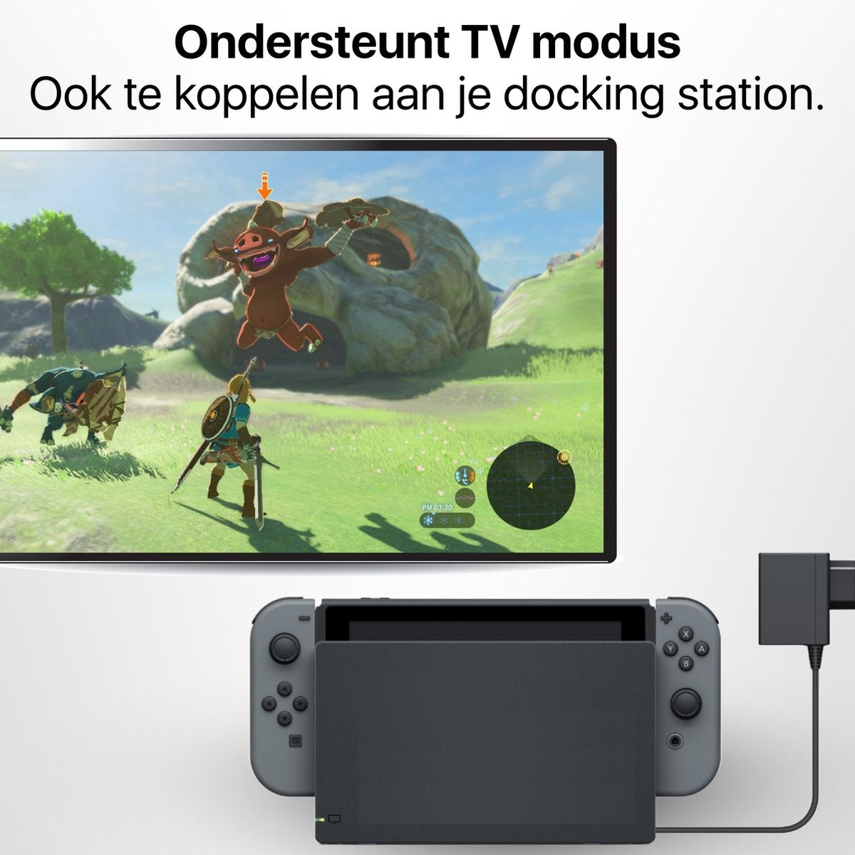Een tv-scherm toont een spelscène. Hieronder bevindt zich een docking station met aangesloten controller. Het tv-scherm toont een spelscène.