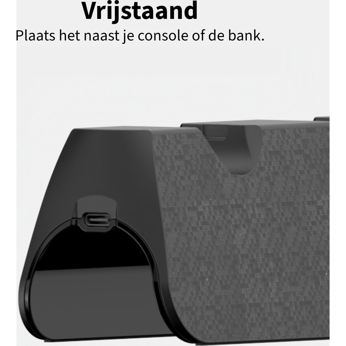 Black, curved device with textured top and a shiny, curved front. Text in Dutch at top. Background is white.