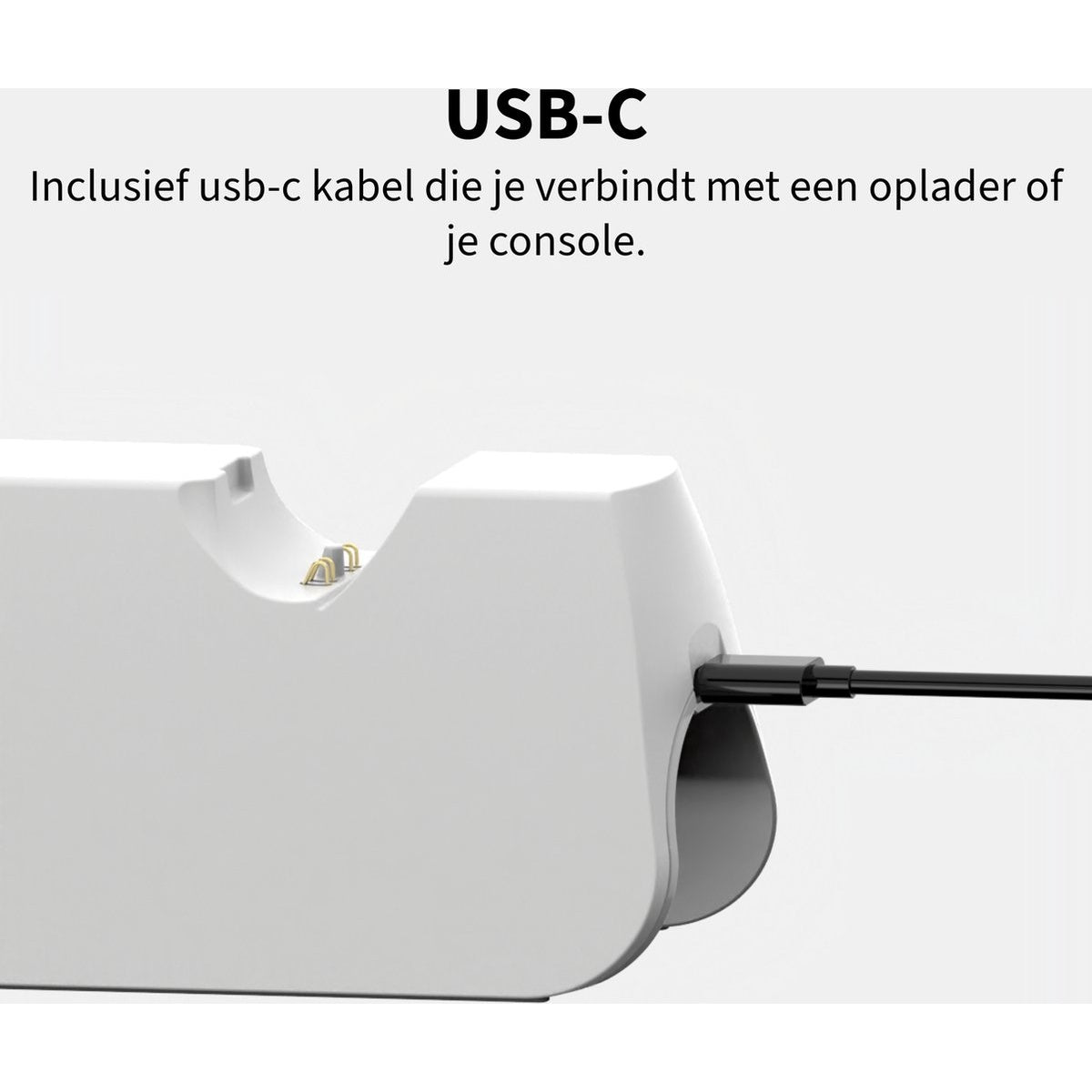 A white USB-C device is connected to a black cable. Text above says USB-C and mentions a USB-C cable for console or charger.