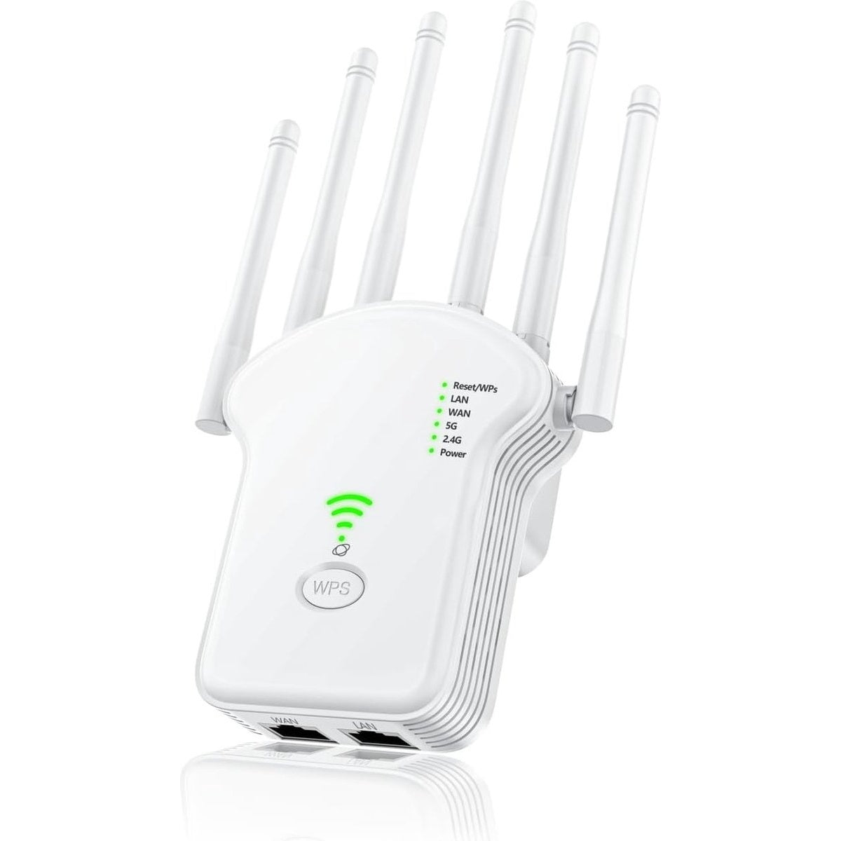 A white WiFi extender with antennas is on a white surface. It has WPS button and green lights.