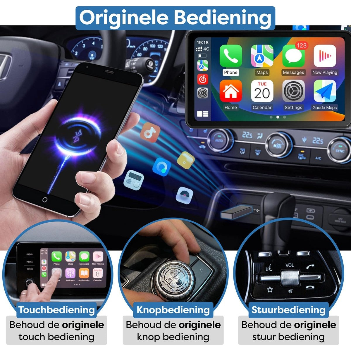 Car interior with phone showing Bluetooth, car display with apps, and controls for touch, knob, and steering wheel.