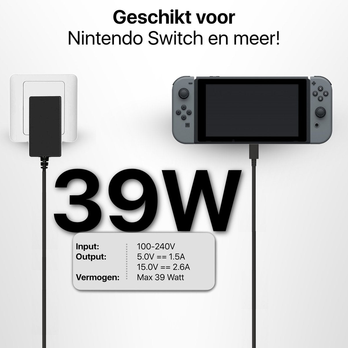 Afbeelding toont een Nintendo Switch die oplaadt. Een stopcontact links, de Switch rechts en een specificatiebox voor de stroom onder.
