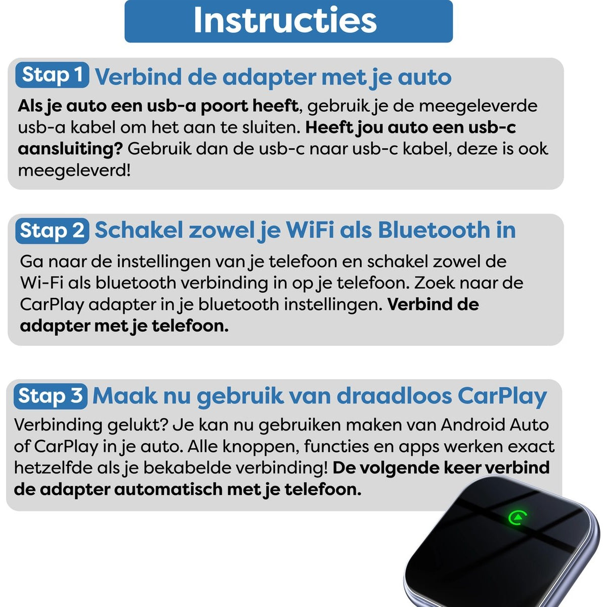 Instructions with steps on connecting a device to a car. Text over images, with a black adapter at the bottom right corner.