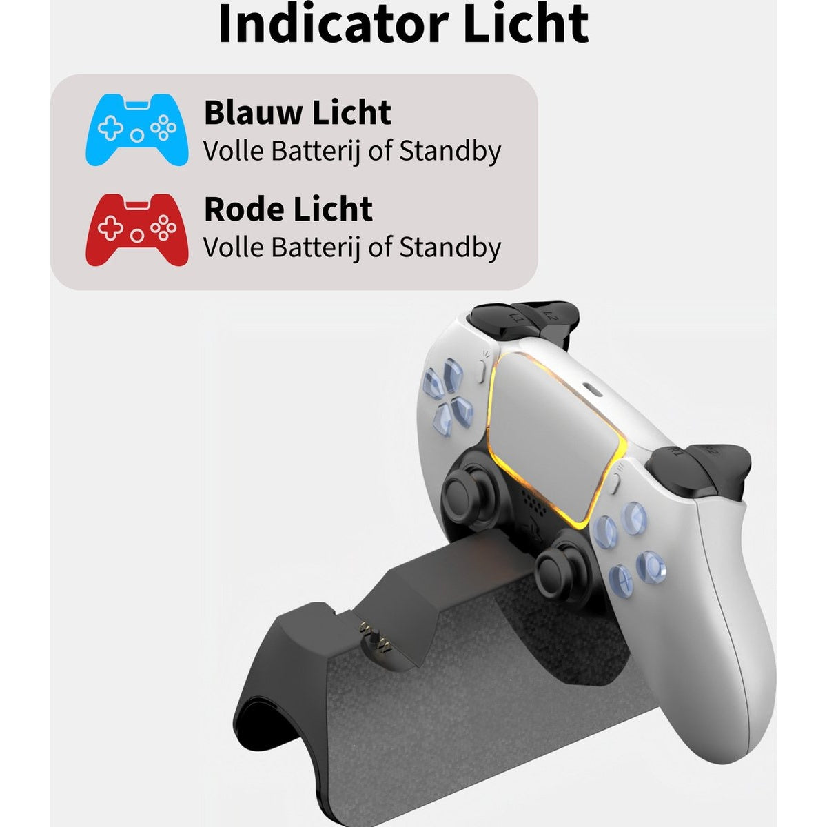 A white game controller on a black charging stand. Blue light indicates full battery. Red light indicates full battery in standby.