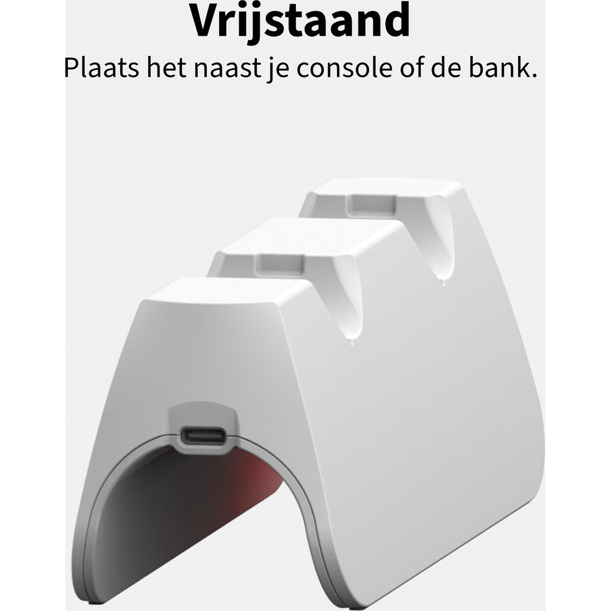 A white, angled stand with a curved base, and two top slots. Text above says 'Vrijstaand' and 'Plaats het naast je console of de bank'.