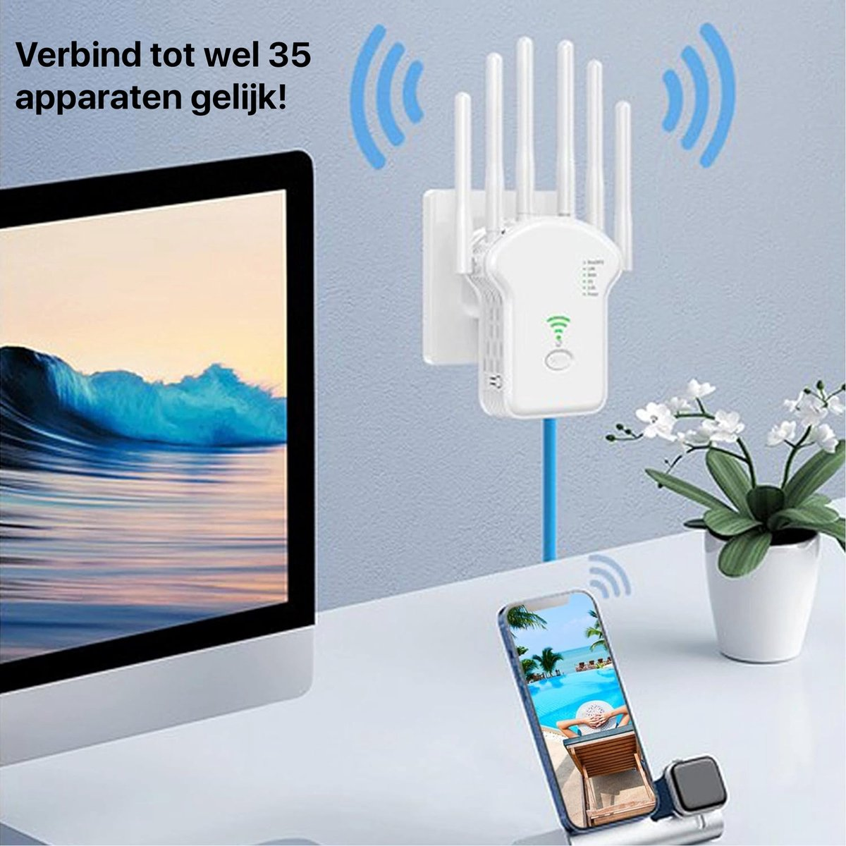 A white Wi-Fi extender with antennas is plugged into a wall. A phone displays a pool scene. A monitor on a table.