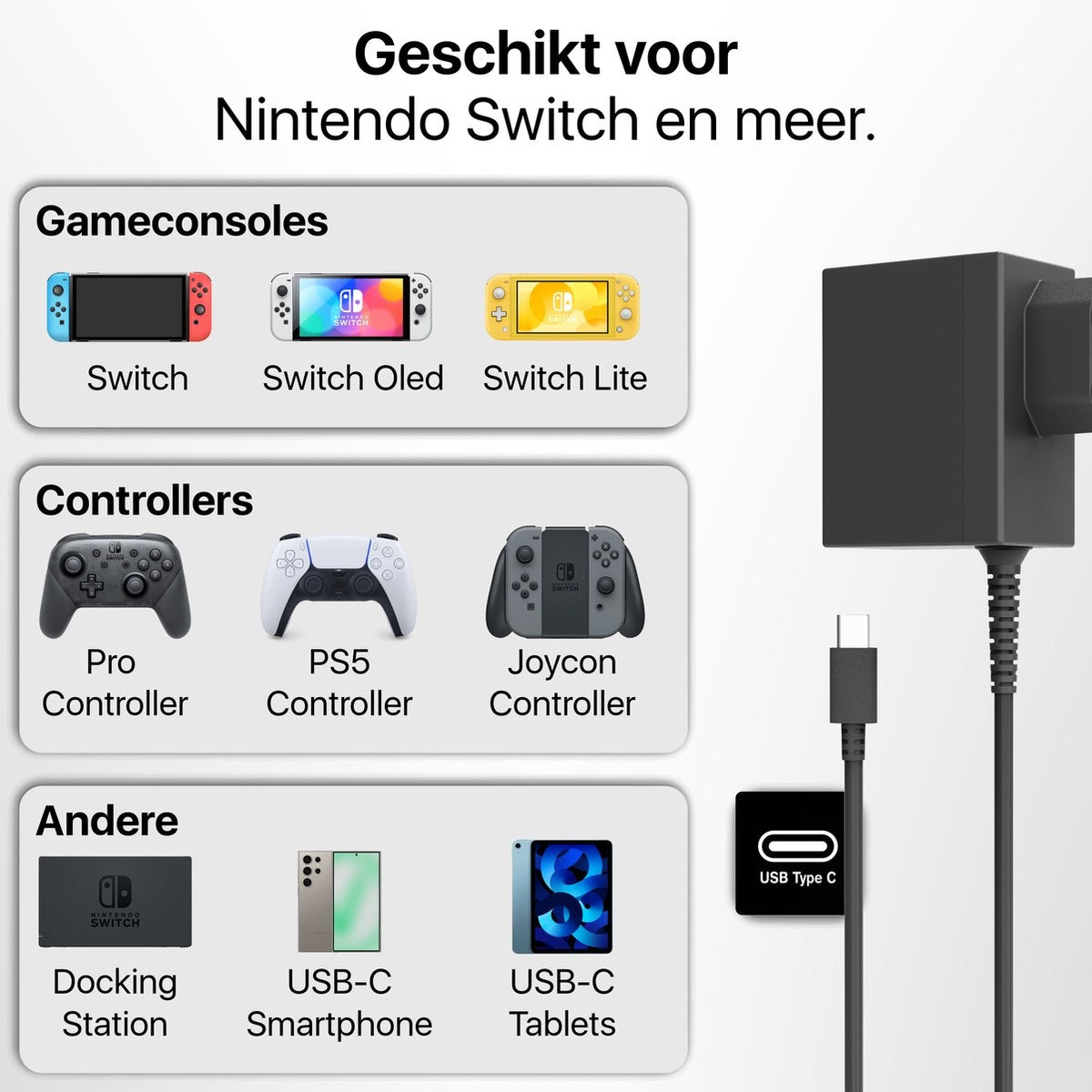 Afbeelding toont Nintendo Switch-consoles, controllers en accessoires. Een zwarte oplader met USB-C-kabel is rechts.