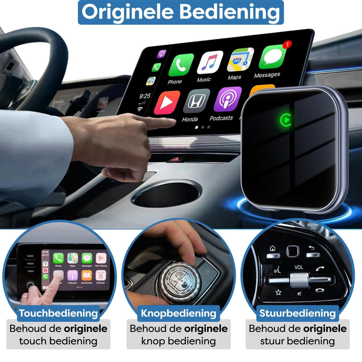 Image shows car's infotainment system with touchscreen, a control knob, and steering wheel controls. Labels explain different control methods.