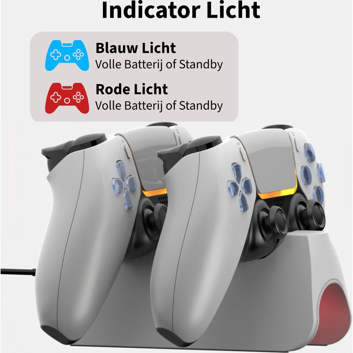 Two white game controllers on a charging station. Indicator lights: blue for full battery, red if charging.