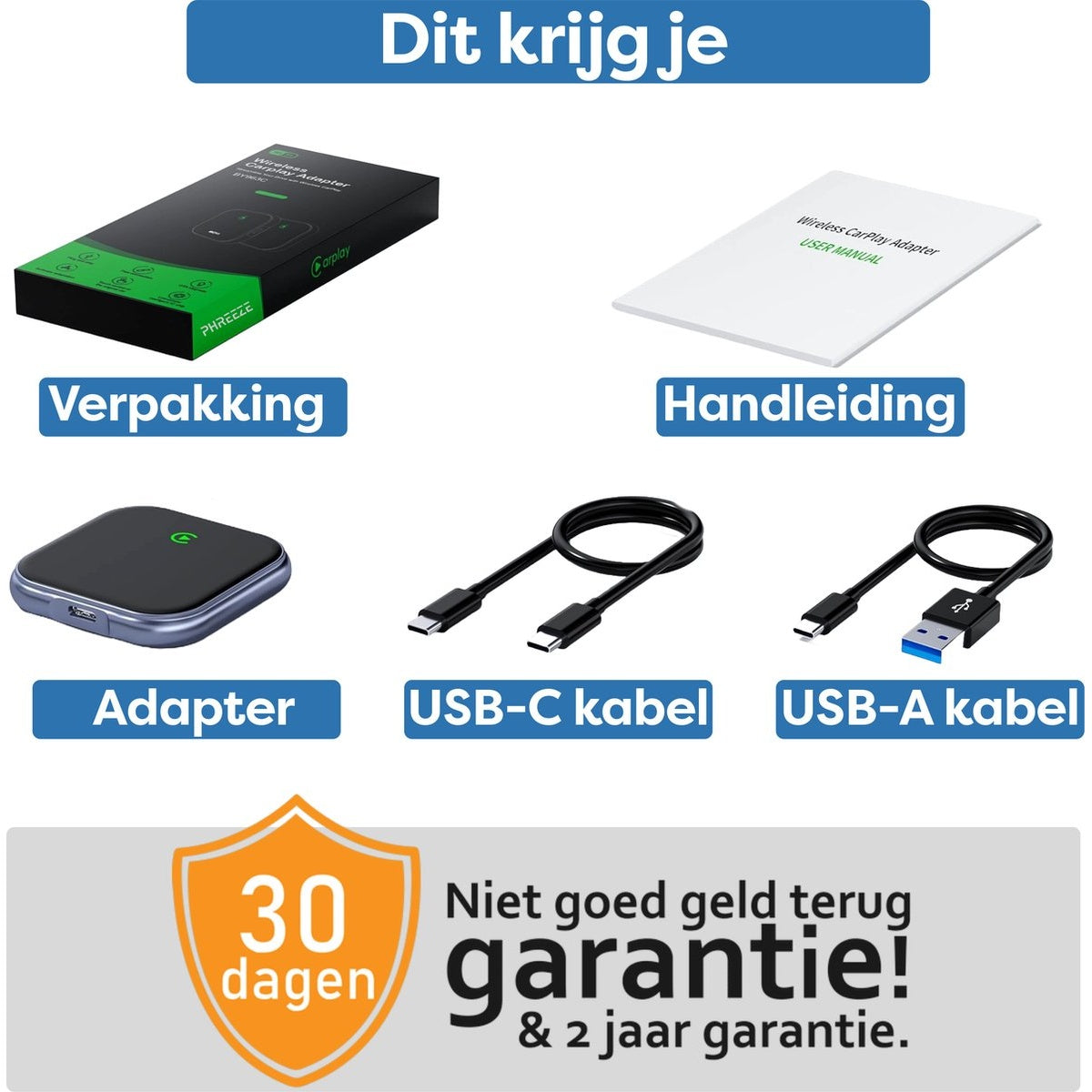 Image shows product contents: box, manual, adapter, USB-C cable, USB-A cable, and warranty information.