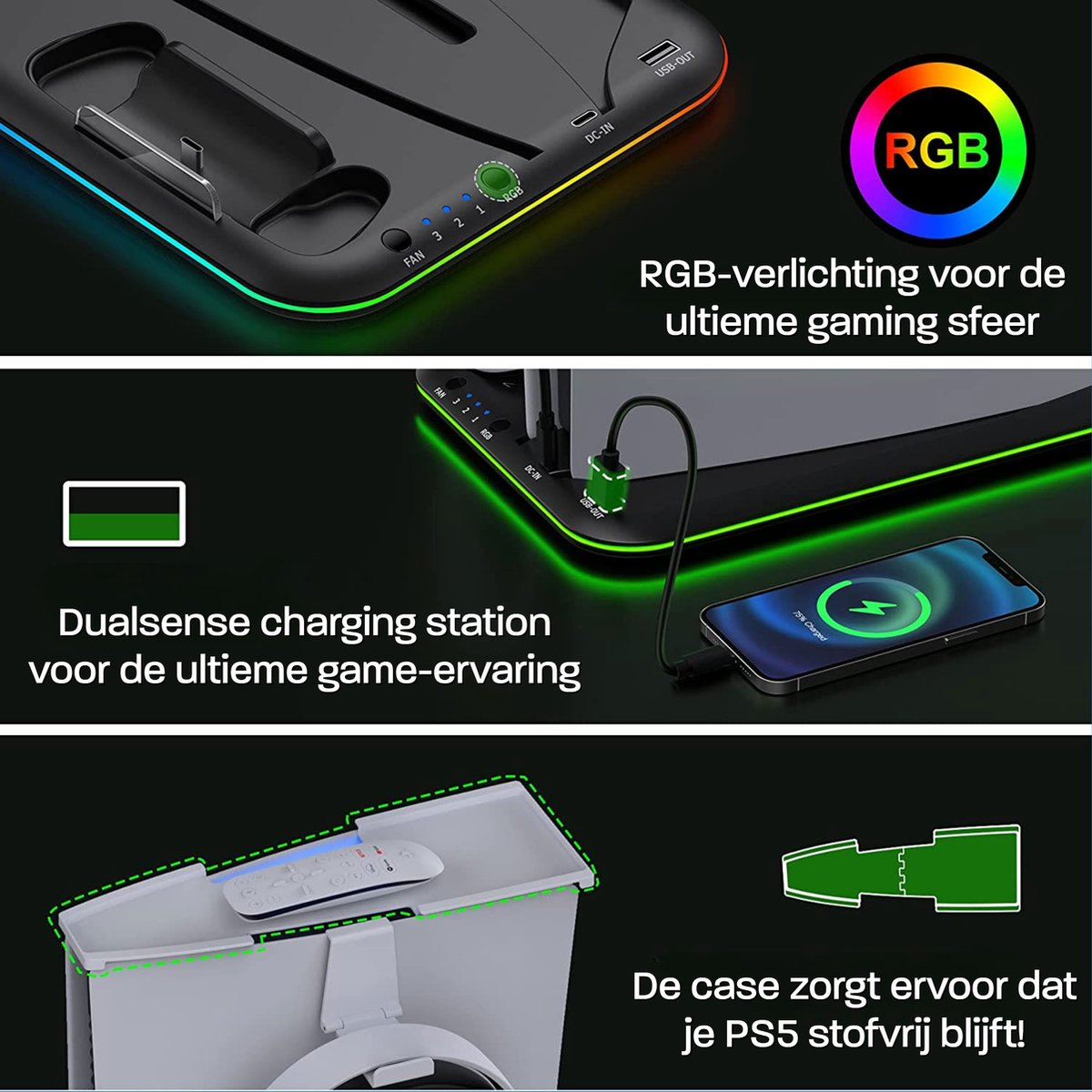 Black charging station with RGB lighting. Includes a phone charging, charging ports, and a white case to keep a PS5 dust-free.