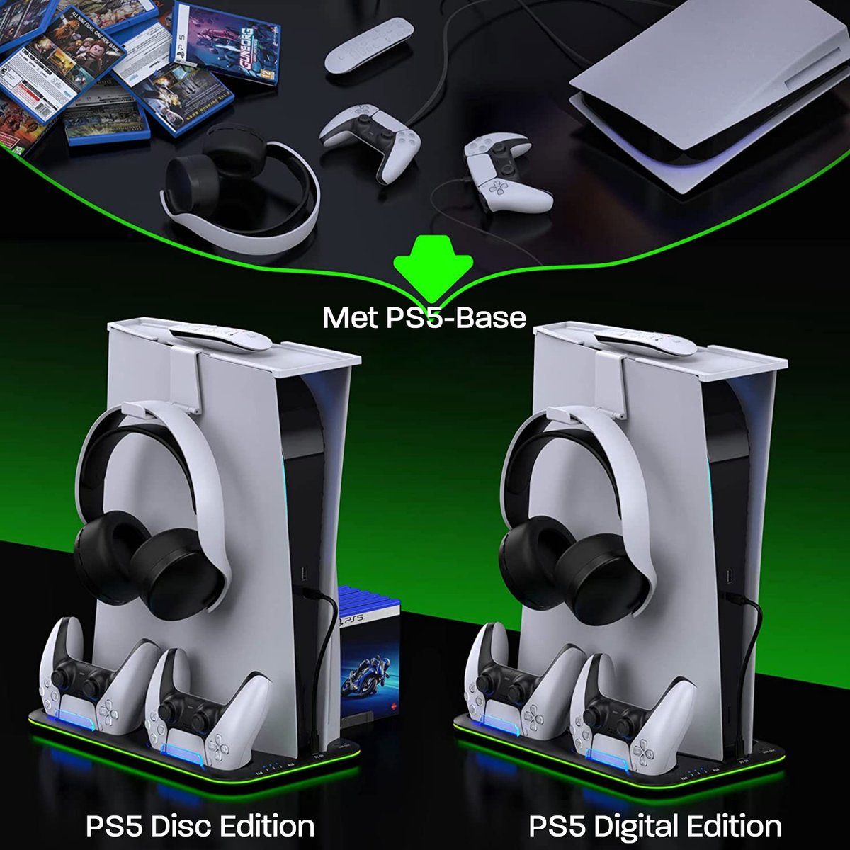 Image shows PS5 consoles, accessories, and a charging stand. Includes games, controllers, headset, and a remote. Text: PS5 Disc & Digital Edition.