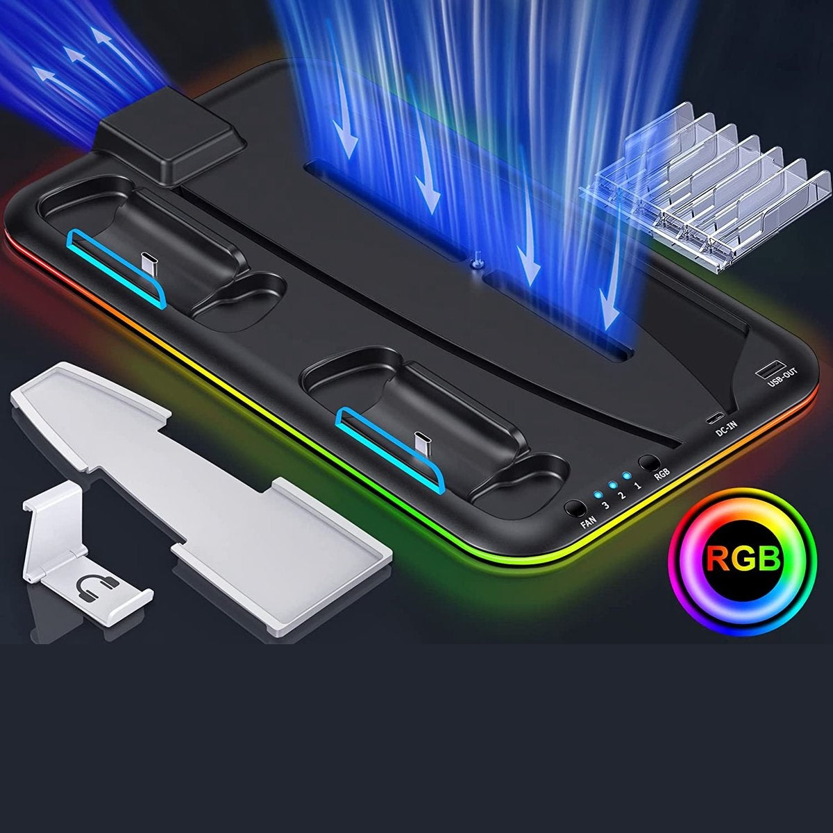 Black console charging station with blue airflow, RGB lights, and accessories. Includes stand and controller slots.