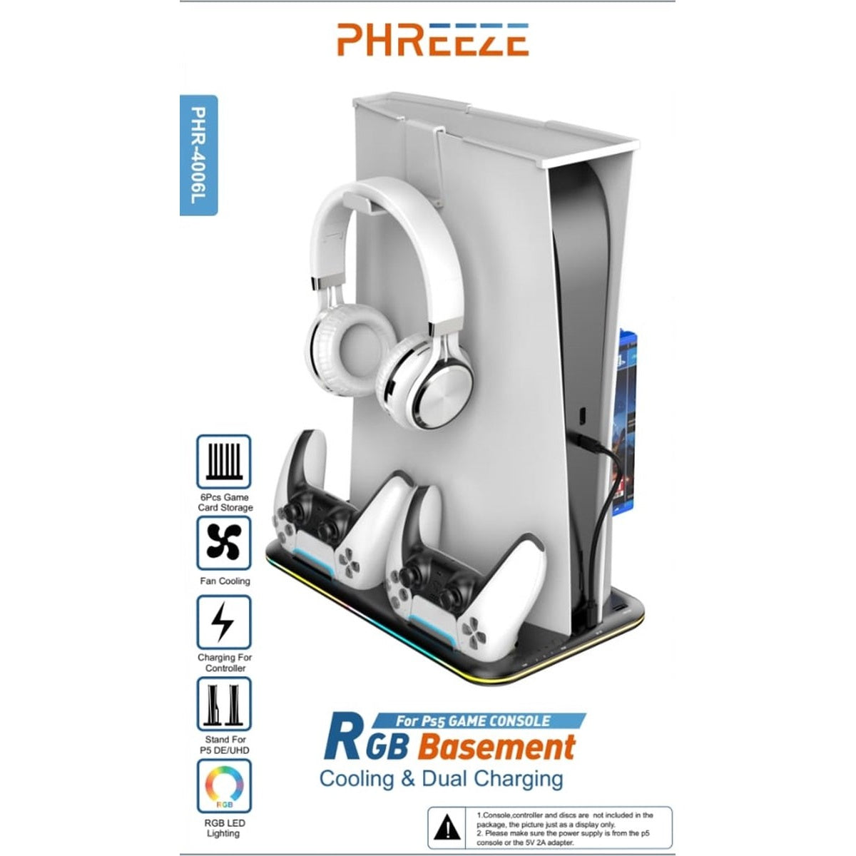 White gaming console stand with headset, controllers, and game card slots. Features RGB lighting and charging capabilities.