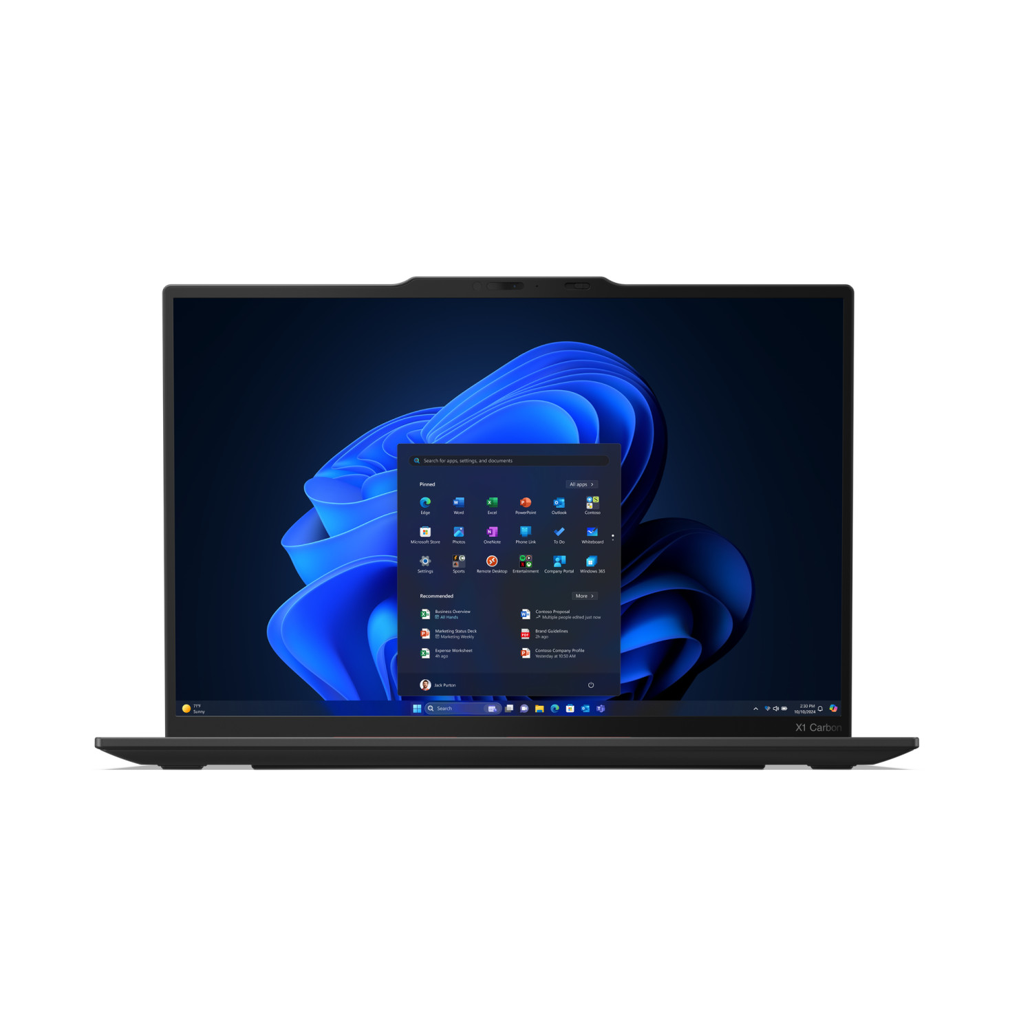 Un laptop nero mostra l'interfaccia di Windows 11. Le icone delle app sono visibili. Lo schermo mostra il menu Start con le app.