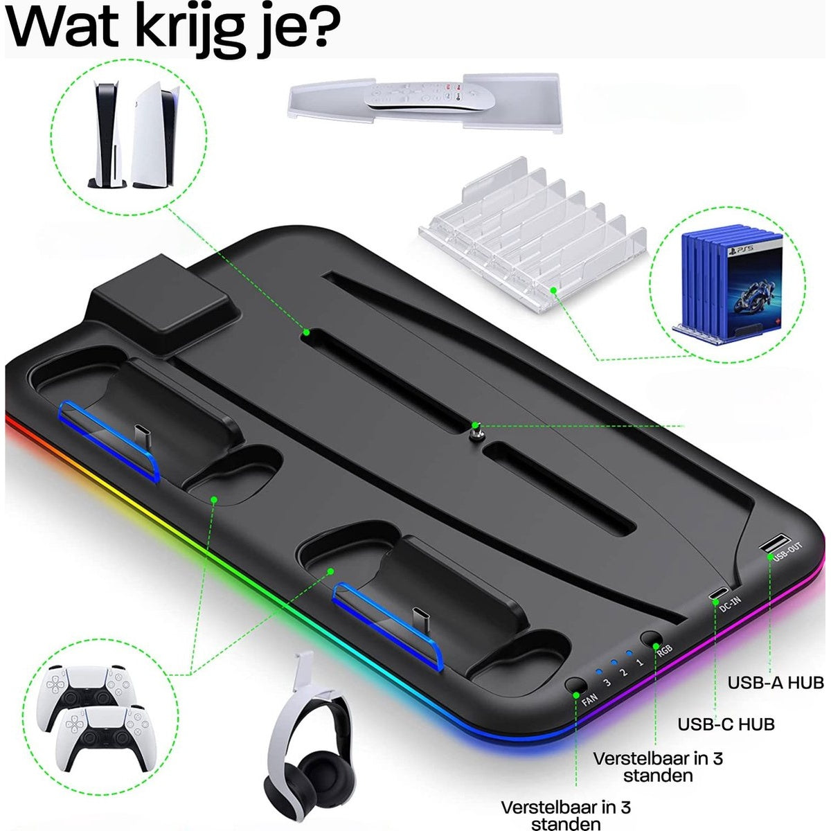 A black gaming station with a console, controllers, and headset. It has RGB lighting and USB ports, and a holder for games.