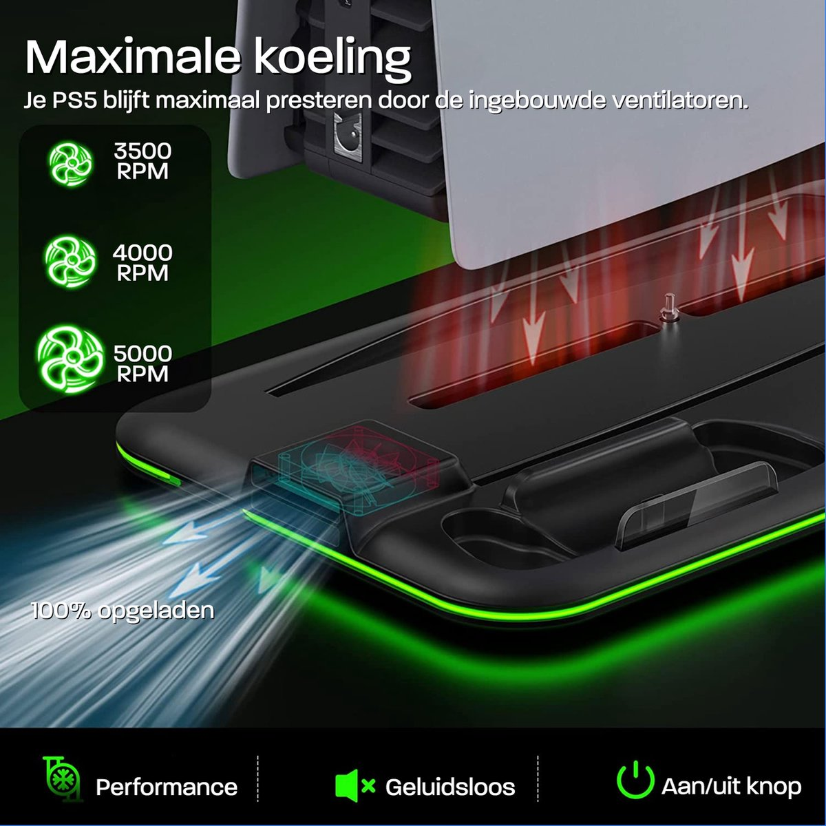 Black cooling stand for PS5 with green light. Shows fan RPM, charging, and performance icons. Text reads 'Maximale koeling'.