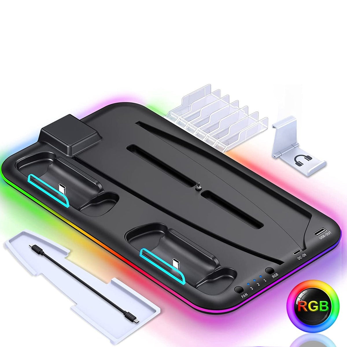 Black charging station with RGB lights, controller slots, and accessories like a headphone stand and cable.