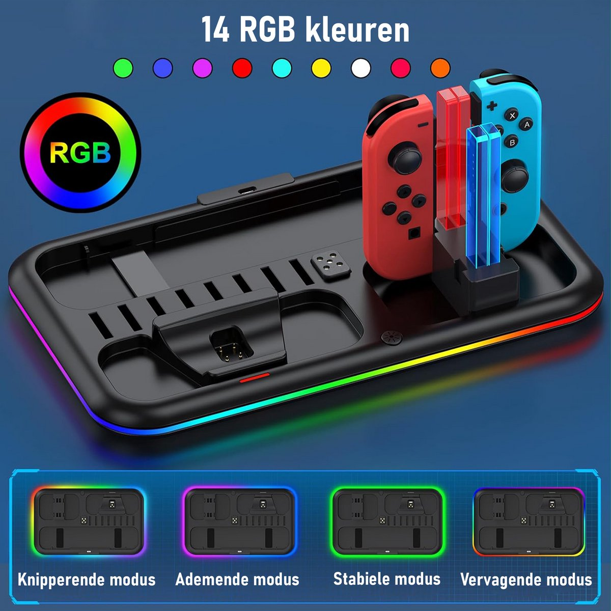 Zwart oplaadstation met rode en blauwe gamecontrollers. Kleurrijke lichten en verschillende modi worden weergegeven.