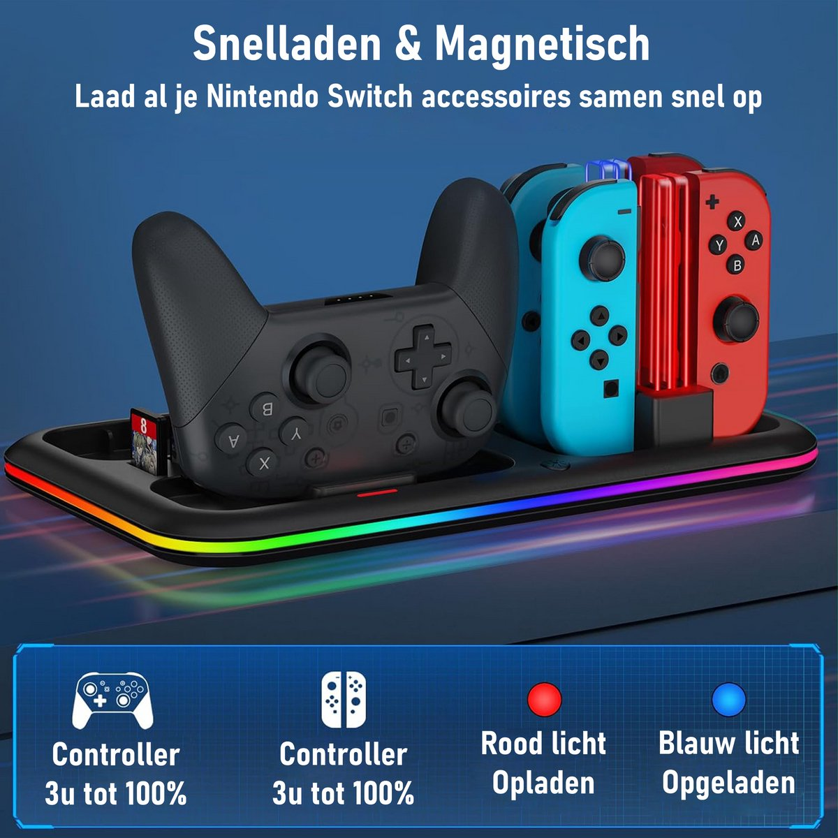 Een oplaadstation met zwarte controller, blauwe en rode Joy-Cons. Het station heeft een gekleurde LED-strip. Teksten zijn in het Nederlands.