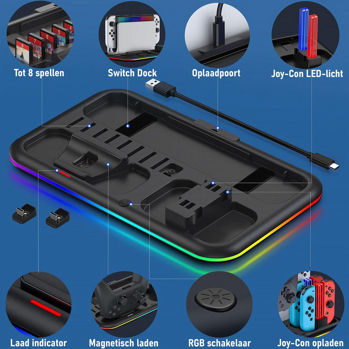 Zwart oplaadstation met meerdere functies: gamecard slots, Switch dock, oplaadpoort, Joy-Con LED-verlichting en RGB-verlichting.