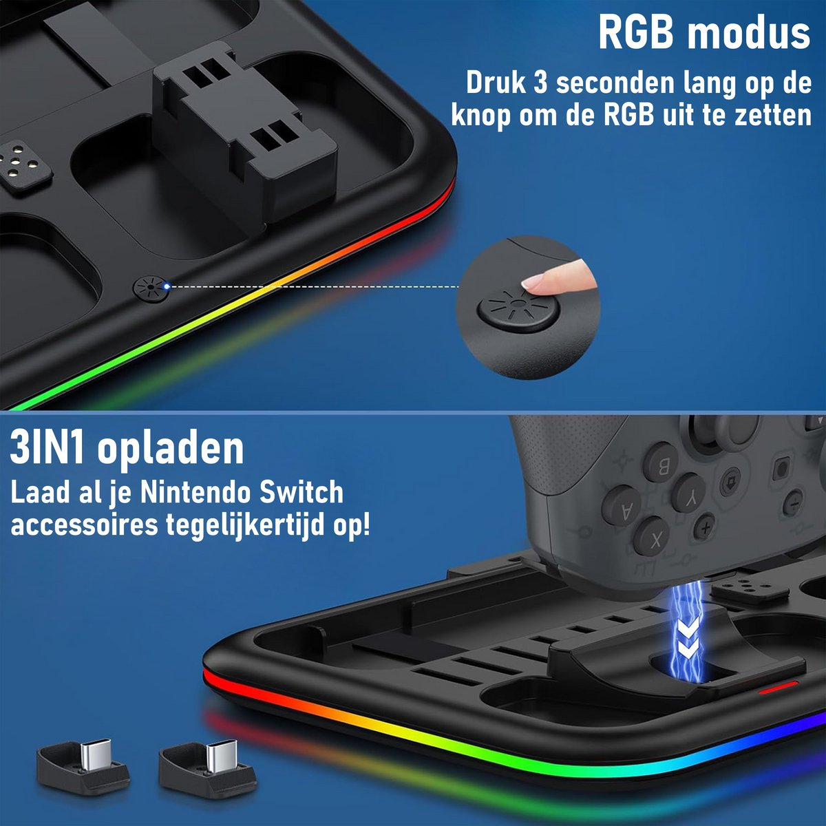 Zwart oplaadstation voor Nintendo Switch-accessoires met RGB-verlichting, controller en oplaadpoorten. Tekst in het Nederlands.