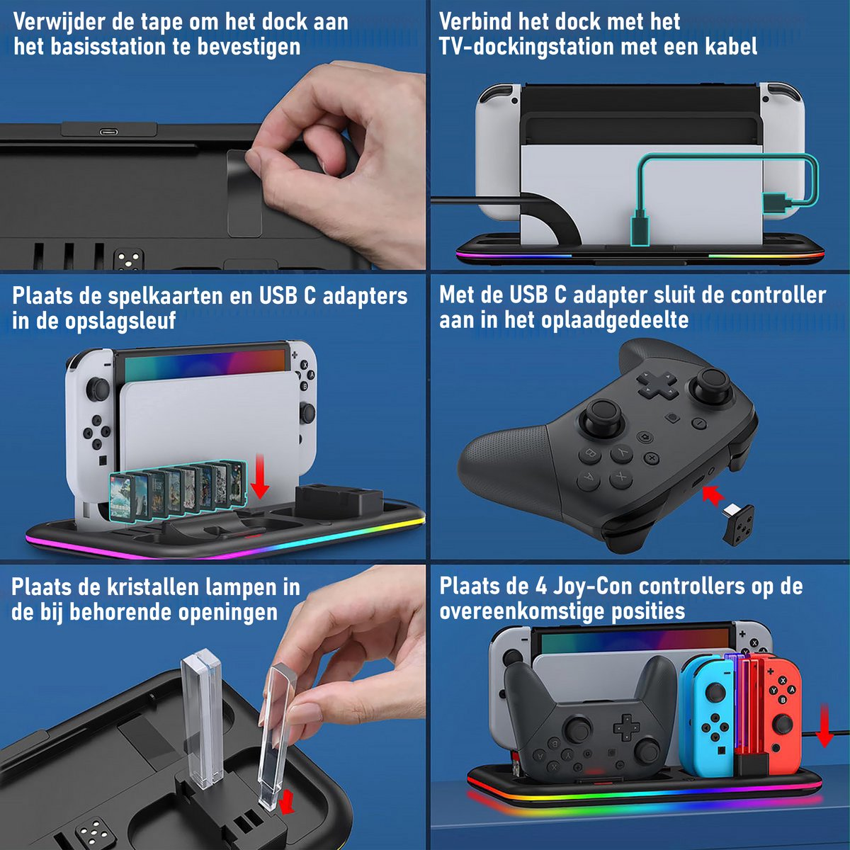 Instructies voor het instellen van een gameconsole, met stappen zoals het aansluiten van controllers en het plaatsen van gamekaarten.