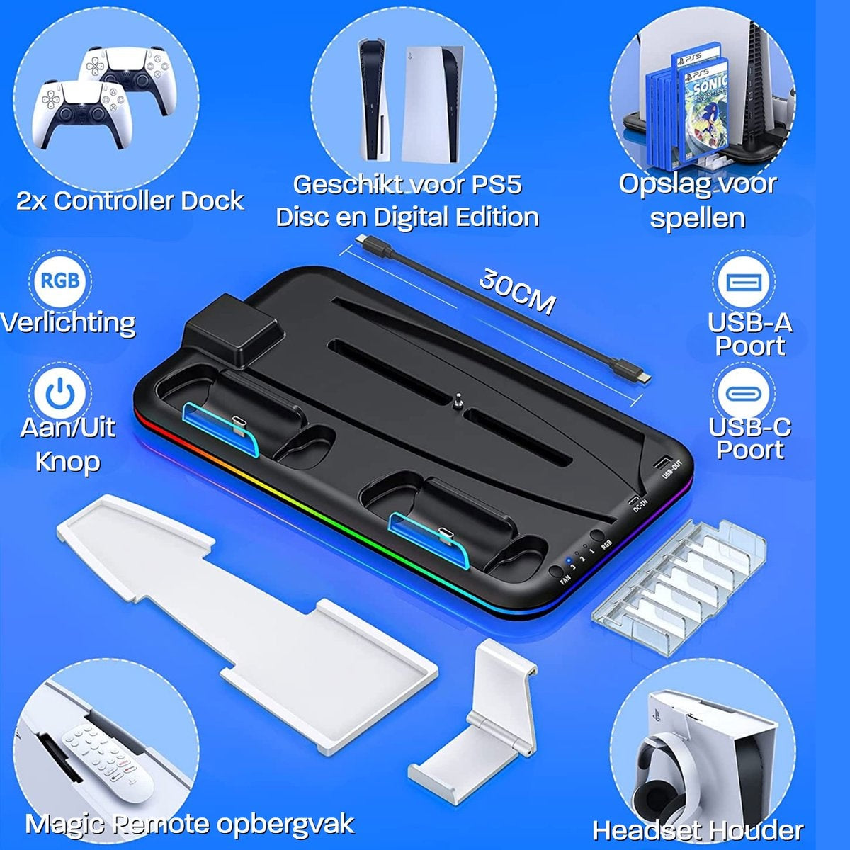 A black PS5 accessory with controller docks, RGB lighting, USB ports, and a headset holder. Text labels describe features.