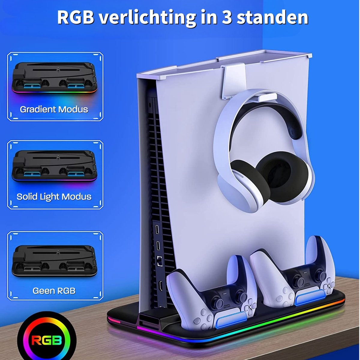 A gaming console stand with a headset, two controllers, and RGB lighting. The stand has three modes: gradient, solid, and no RGB.
