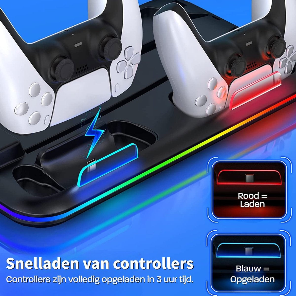 A charging station with two game controllers. Red light means charging, blue means charged. Text in Dutch.