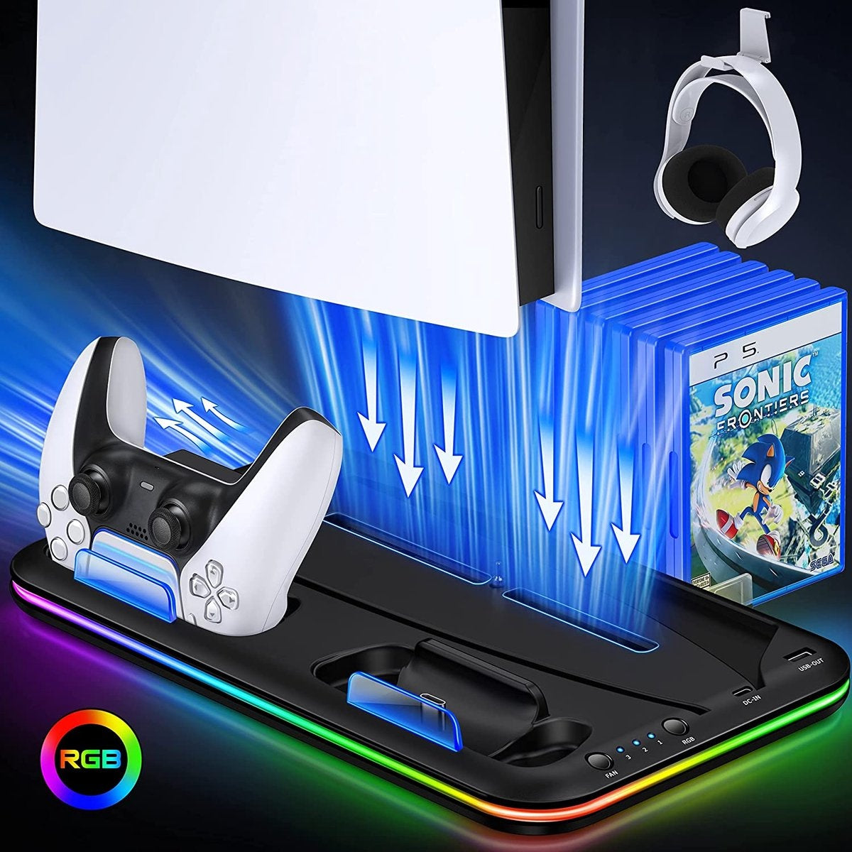 A gaming console setup with a controller, games, and headphones. The base has RGB lighting. The console is white and black.