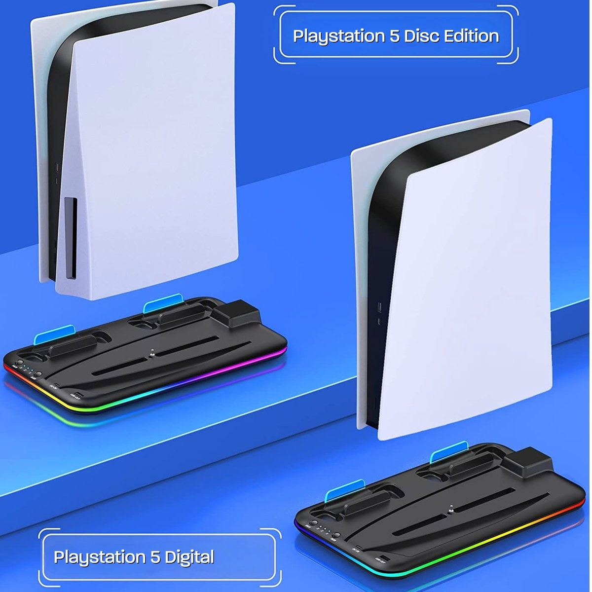 Two Playstation 5 consoles, one Disc Edition and one Digital, with their bases. The consoles are white and black. The bases have RGB lights.