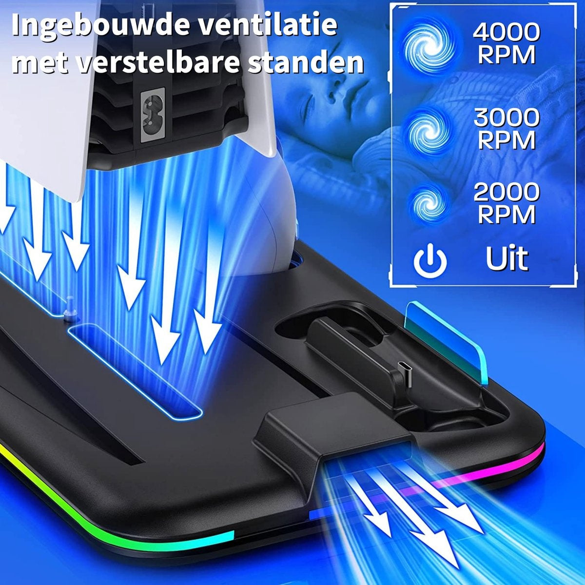 Cooling device with adjustable fan speeds, indicated by RPM. A sleeping person is in the background.