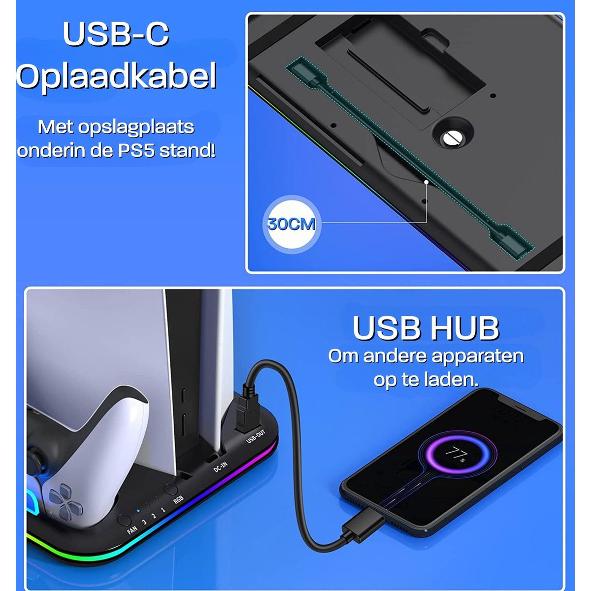 A black USB-C charging cable with a PS5 stand, a phone charging at 77%, and text indicating USB Hub and charging capabilities.