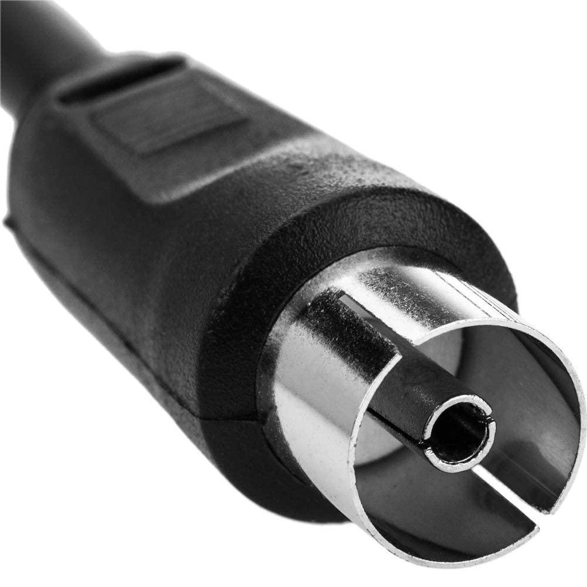 Close-up of a black coaxial cable connector with a silver-colored tip. The connector is angled towards the viewer against a white background.