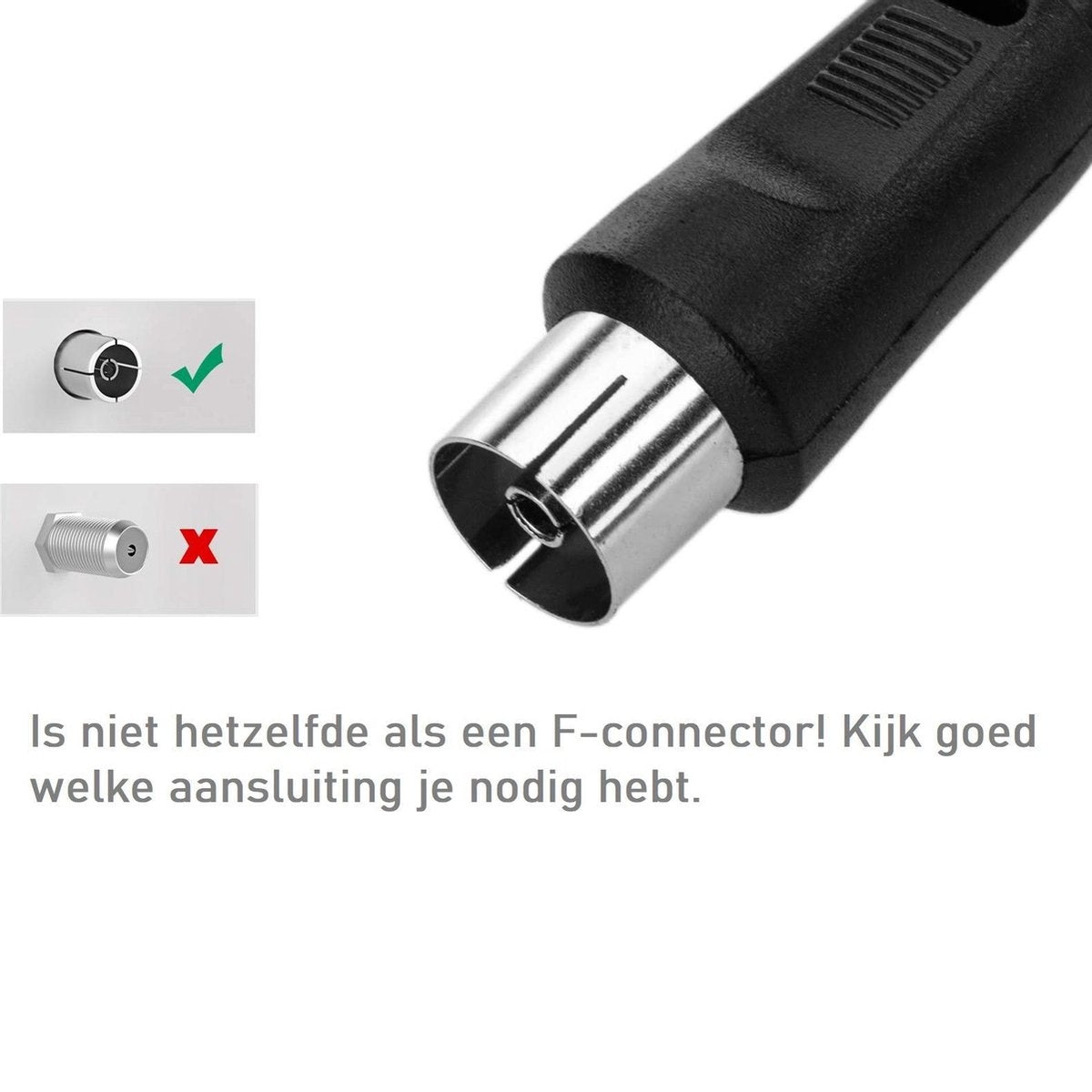 Image shows a close-up of a black and silver connector. Text and diagrams show the correct and incorrect connector types.