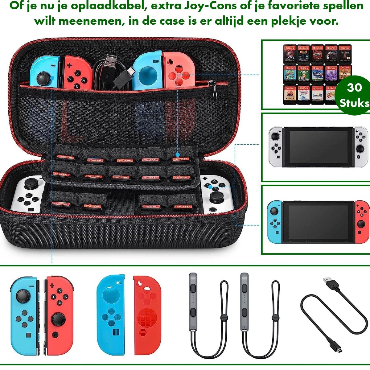 Een zwarte case bevat Nintendo Switch-accessoires: Joy-Cons, game cartridges, oplaadkabel en console. Tekst zegt '30 Stuks'.