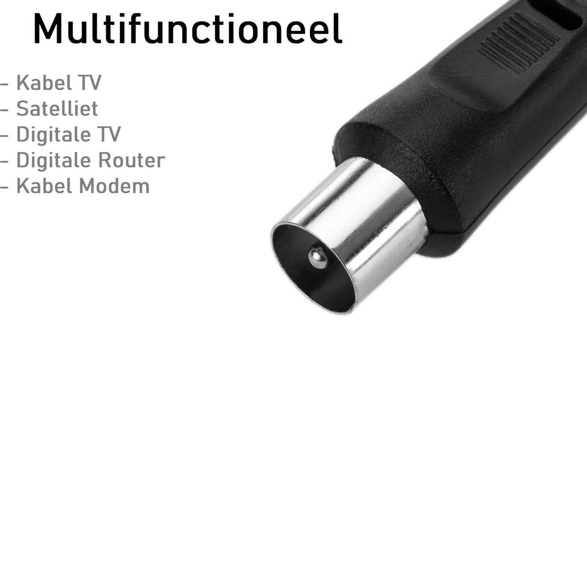 A close-up of a black coaxial cable connector. The connector is silver, and the background is white with text.